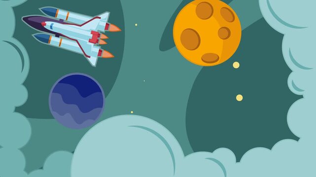 rocket launch into space cartoon animation background video.outer space exploration with stars and moon planet for astronomy and science technology animated footage motion graphic illustration design