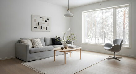 Fototapeta premium Bright Scandinavian Minimalist Living Room Interior with Snowy Winter Landscape View