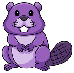 Fototapeta premium Playful Purple Cartoon Beaver Mascot with Large Teeth and Flat Tail Sitting Upright Smiling Happy Expression Character Design