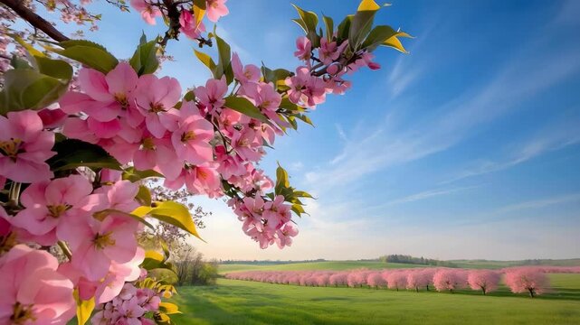 Pink cherry blossoms frame a green field with distant rows of pink trees under a bright blue sky.