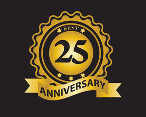 Fototapeta premium 25th Anniversary Golden Badge. Best Anniversary Seal with Ribbon. Vector Illustration on Black Background
