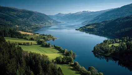 Serene fjord landscape, mountains, and valleys