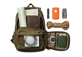 Rugged olive-green backpack, unzipped, revealing map, journal, compass. Isolated on white with copy space, concept of wilderness exploration and preparedness