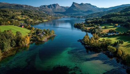 Aerial fjord with vibrant autumnal hues