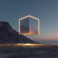 Floating Geometric Shape Above Rocky Terrain at Dusk with Light Glow