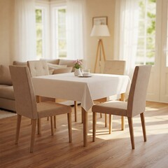 Modern dining room interior with table, chairs and sofa. 3d render