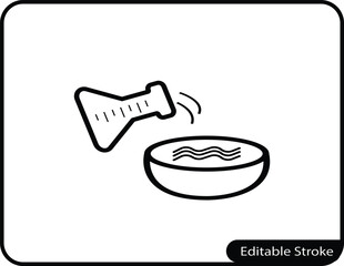 A clean line art icon of a flask pouring liquid into a bowl, perfect for symbolizing science, chemistry, and laboratory research.

