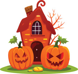 Halloween Pumpkin House with Spooky Faces Cartoon