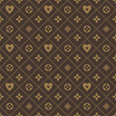 Seamless geometric monogram pattern with hearts and abstract floral symbols, luxury ornamental diamond lattice design, elegant repeating background in brown and gold. © DESENHISTA X