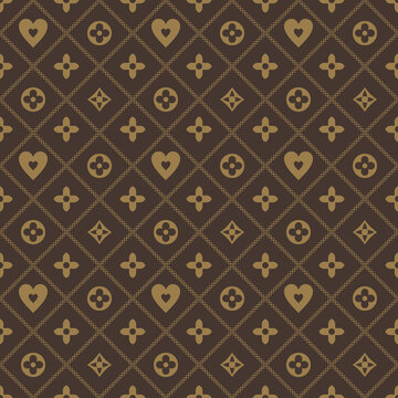 Seamless geometric monogram pattern with hearts and abstract floral symbols, luxury ornamental diamond lattice design, elegant repeating background in brown and gold.