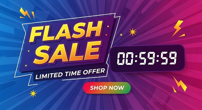 A vibrant flash sale banner with a bold, colorful design and a countdown timer.