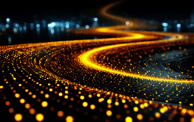 Abstract golden light trails forming a winding pattern in a dark background