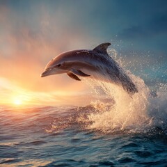 Fototapeta premium Majestic Dolphin Leaping Through Vibrant Ocean Waves at Sunset