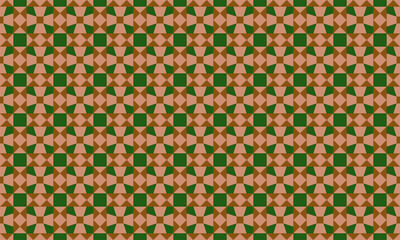Seamless geometric pattern with green and terracotta shapes forming a repeating star motif, an abstract concept for a decorative vintage background
