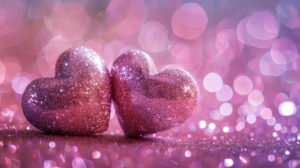 Obraz premium Two glittering pink and purple hearts sparkle against a soft bokeh background