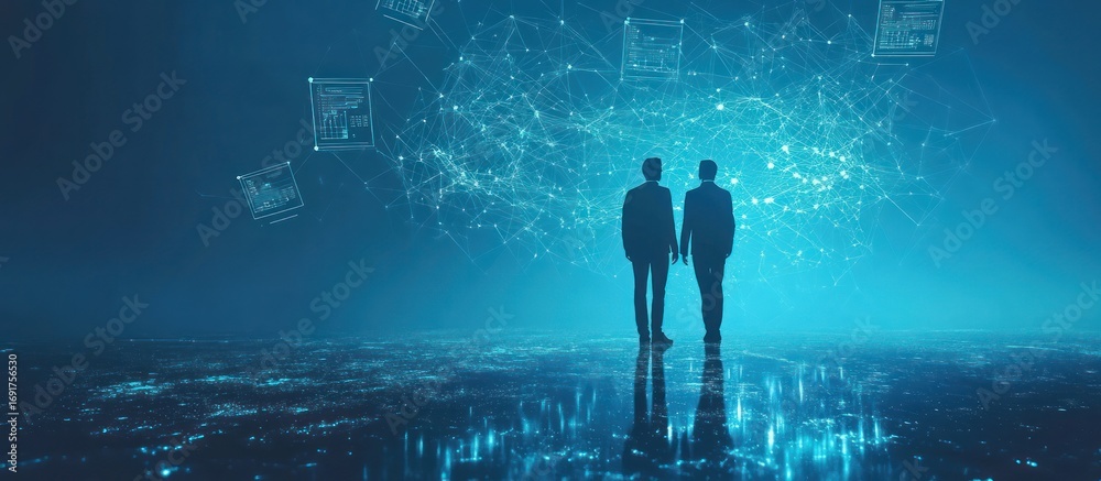 Poster two silhouetted men stand before a digital network, representing data analysis and future technology