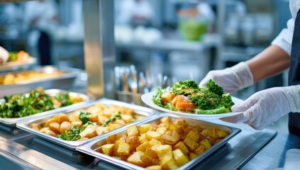 Person serving food in a commercial kitchen