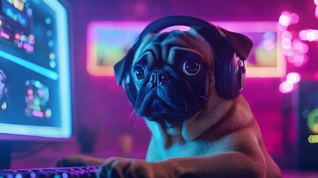 A pug wearing big headphones sits at a gaming desk with neon blue and pink lighting and multiple screens.