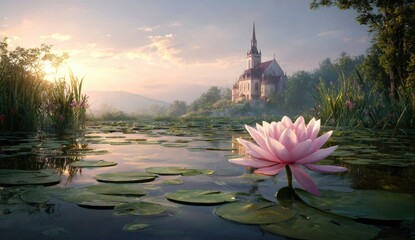 Fototapeta premium Serene sunrise over a tranquil lake with a church in the background