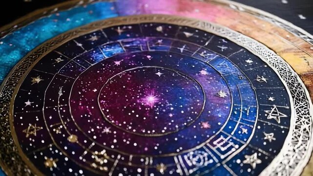 An ornate astrological wheel with concentric rings, zodiac symbols and a starry, colorful background.