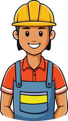 Smiling cartoon construction worker wearing a hard hat and overalls.