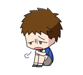体育座りでため息をつく男の子のイラスト