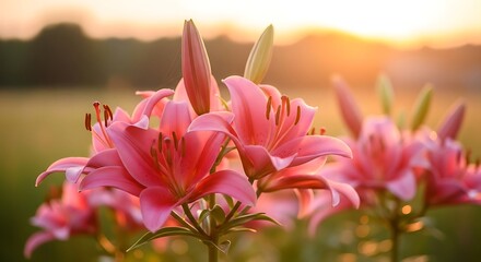 Fototapeta premium Delicate pink lilies bloom in warm sunrise light