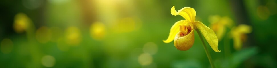 Obraz premium Rare yellow lady slipper orchid in bloom close-up, botany, flower, flora