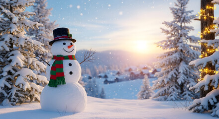 Classic Snowman in Winter Wonderland with Snowy Trees and Warm Sunset Glow