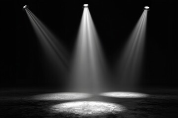 Three spotlight beams on a dark stage