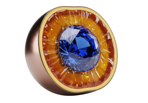 Futuristic, bisected bio-engineered fruit, metallic bronze skin, crystalline amber flesh, deep blue sapphire core, macro shot against stark white background with copy space, concept of synthetic food