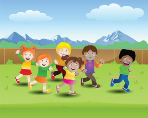 illustration of a multicultural children running activity on nature background