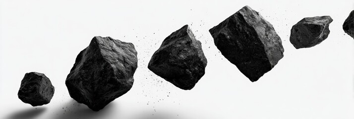 Abstract image of several dark rocks levitating against a white background