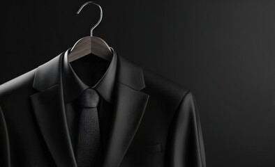 Formal black suit on hanger against black background