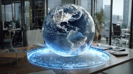 Holographic earth globe floating above futuristic desk