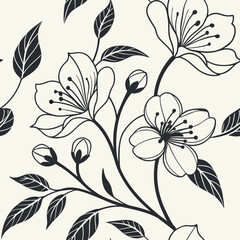 Seamless vector floral pattern, minimal line art flowers and leaves