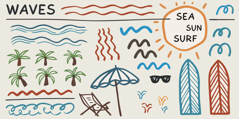 Hand drawn beach and surf elements featuring waves palm trees sun and surfboards