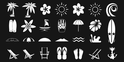 Collection of white summer beach vacation icons and symbols on a black background