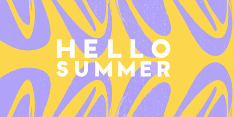 Hello summer greeting with abstract yellow and purple swirls pattern