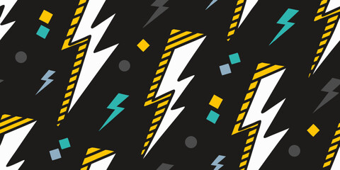 Dynamic retro pattern featuring white and yellow lightning bolts on a black background with geometric accents