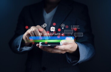 Businessman interacting with virtual AI assistant interface smart technology, productivity tools with a smartphone displaying AI assistant icons in icons for voice, text, image, video generation