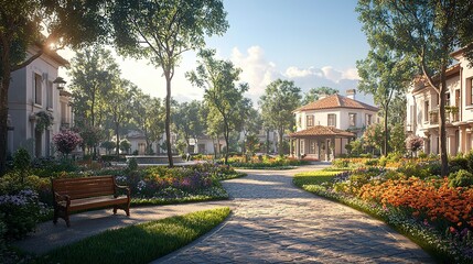 Obraz premium A beautiful sunny garden in a residential neighborhood setting