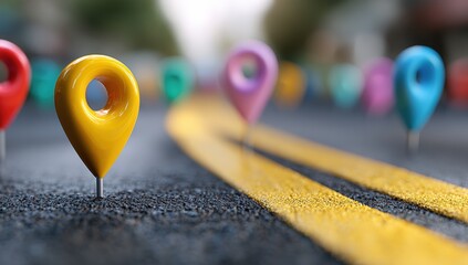 Colorful map pins on asphalt road