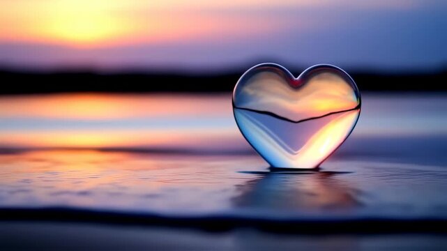 Glass Heart on the Beach at Sunset: Serene and Romantic Coastal Ambiance Depiction