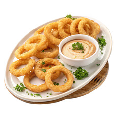 Crispy onion rings with dipping sauce on transparent background for fast food branding