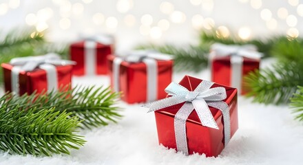 Obraz premium Christmas Gift Boxes with White Ribbons and Pine Decorations 