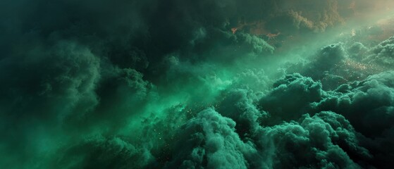 A dramatic view of swirling, vibrant green clouds