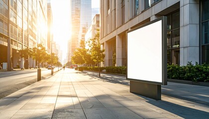 Prominent blank billboard standing on a sun-drenched city sidewalk, providing a clear canvas for impactful outdoor advertising and urban messaging