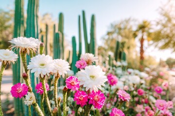 Beautiful blooming flowers amidst cacti.