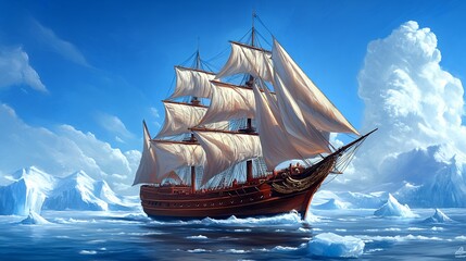 Sailing Ship Amidst Icebergs Under a Sunny Sky